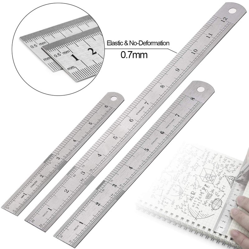 Elisel 3 PCS Stainless Steel Ruler Set with Inch and Metric Graduation, 12 Inch, 8 Inch and 6 Inch(Silvery) - Image 3